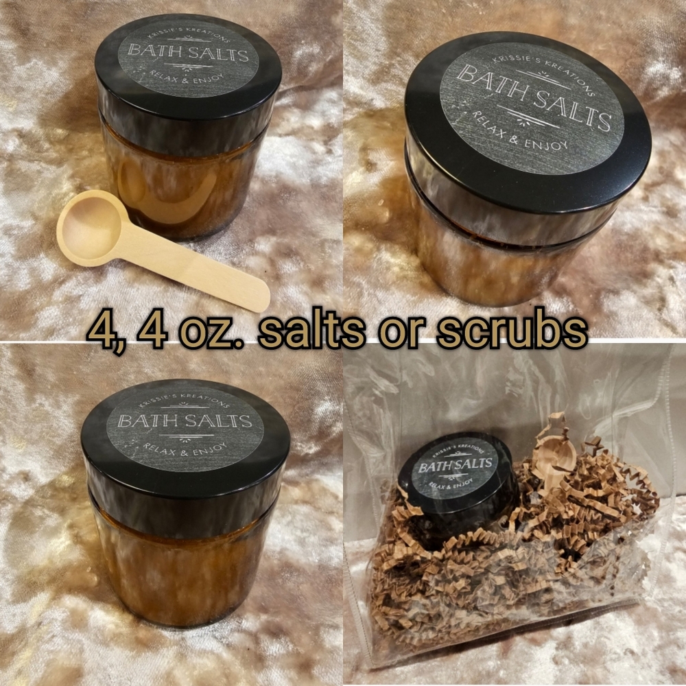 4, 4 oz. Salt Scrubs 4 Scrubs, 4 wooden spoons, packaging